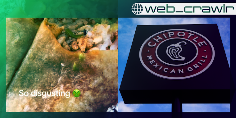 A burrito with text that says 'so disgusting' on it. It is next to a Chipotle sign. The Daily Dot newsletter web_crawlr logo is in the top right corner.