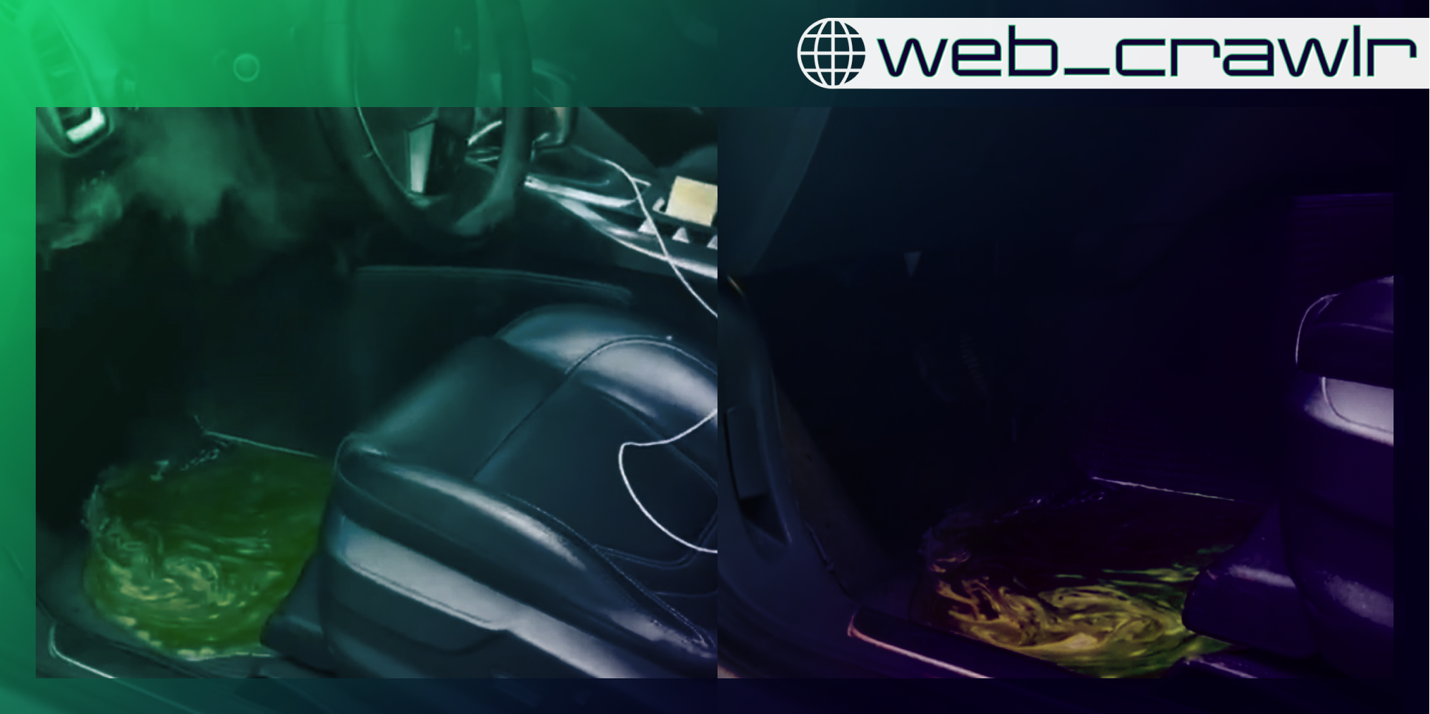 Green liquid pooling in a front car seat. The Daily Dot newsletter web_crawlr logo is in the top right corner.