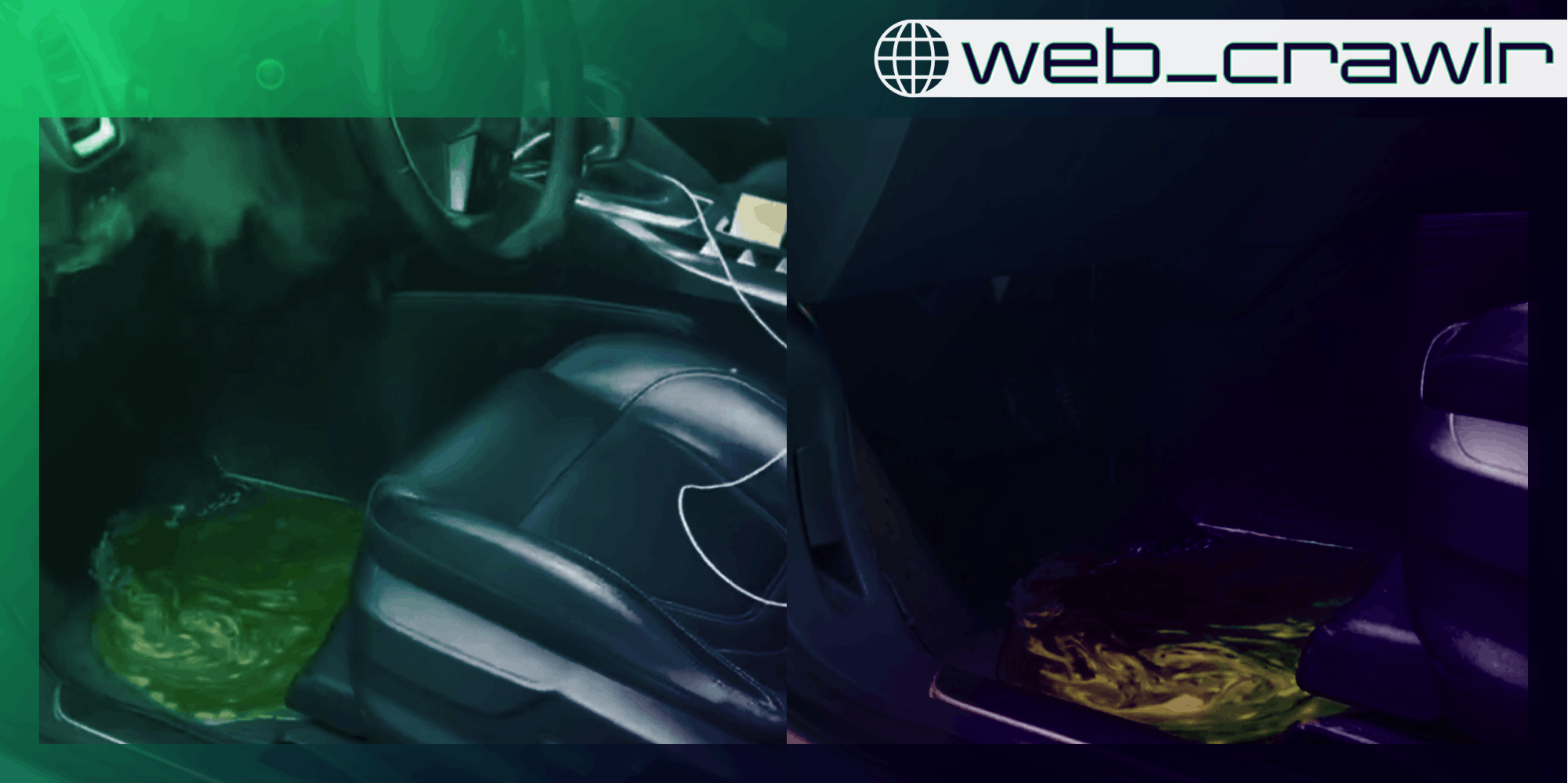 Green liquid pooling in a front car seat. The Daily Dot newsletter web_crawlr logo is in the top right corner.