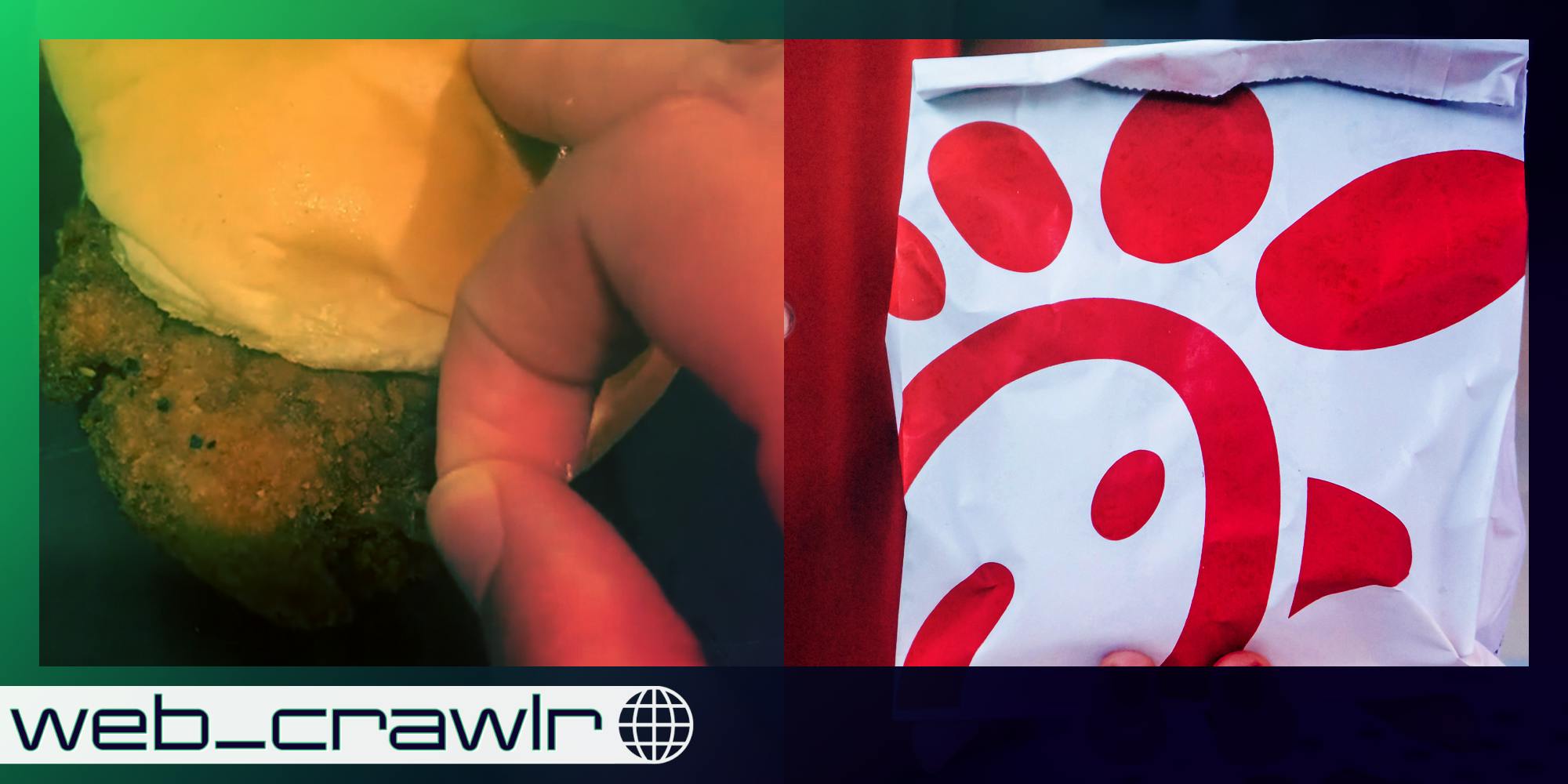 A person poking at a chicken sandwich next to a Chic-fil-A bag. The Daily Dot newsletter web_crawlr logo is in the bottom left corner.