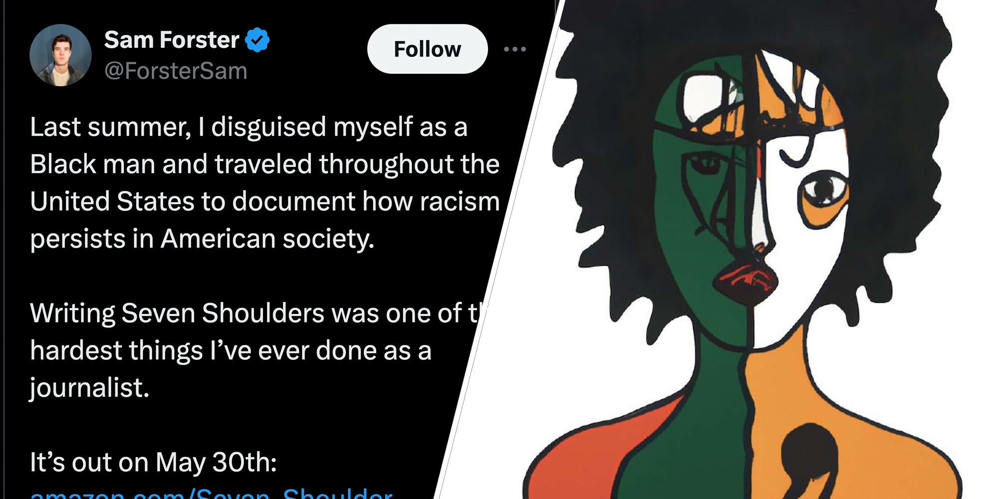 Sam Forester tweet(l), Book cover art(r)