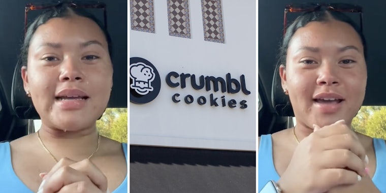 Woman crying and talking(L+r), Crumbl Cookies sign(c)