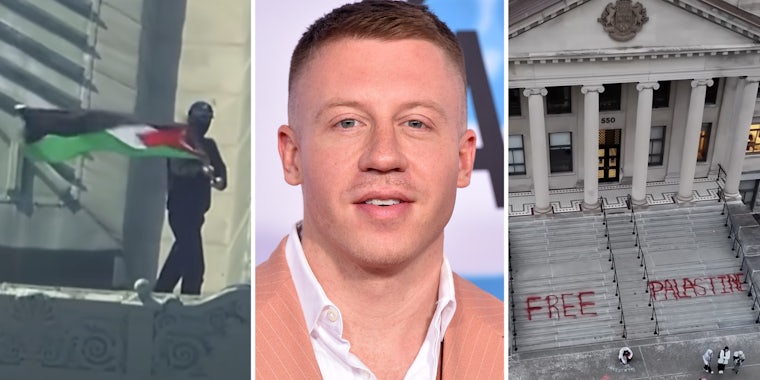 Person on roof waving Palestine flag(l), Macklemore(c), Building with 'Free Palestine' spray painted on steps(r)