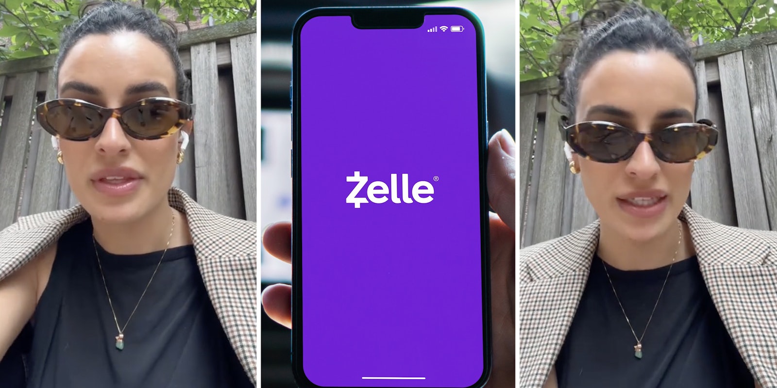 Woman talking(l+r), Hand holding phone with zelle app(c)