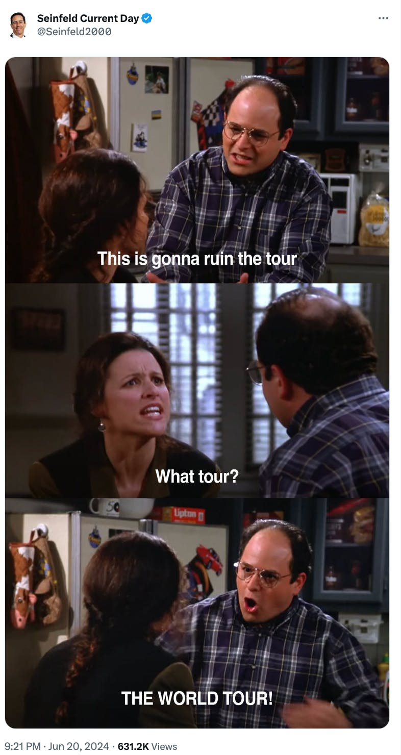 World Tour Seinfeld X post by @Seinfeld2000