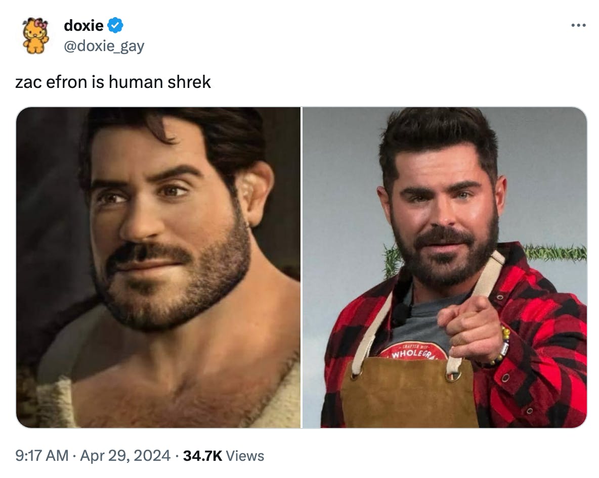 X post by @doxie_gay of Human-Shrek and Zac Efron
