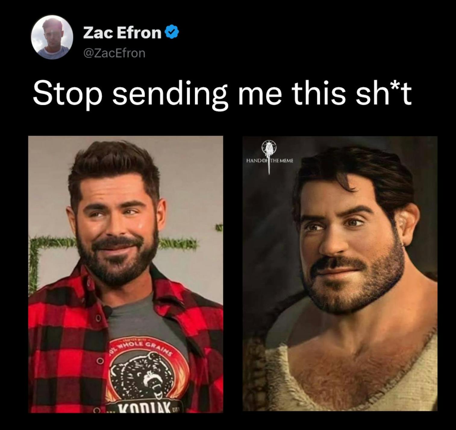 Facebook post by Hand-of-the-Meme of Human Shrek and Zac Efron