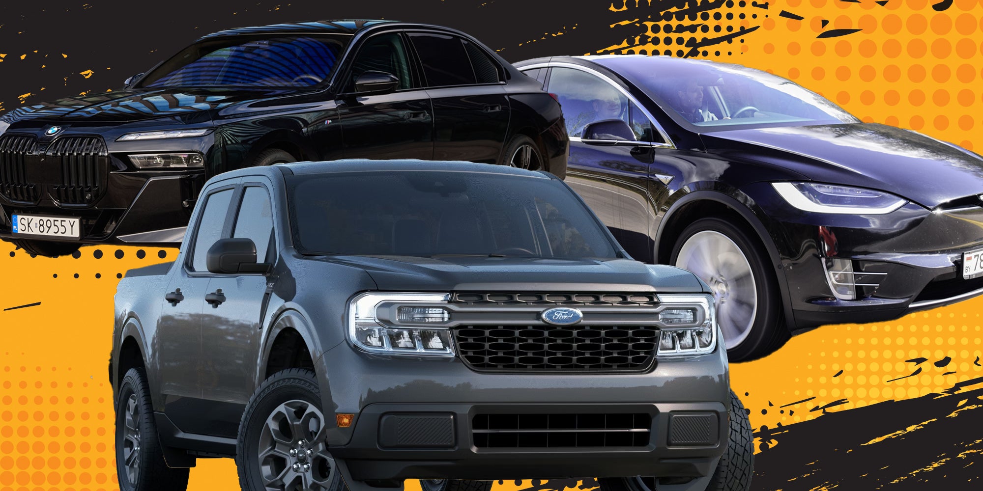 Ford Maverick, Tesla X, BMW over yellow background