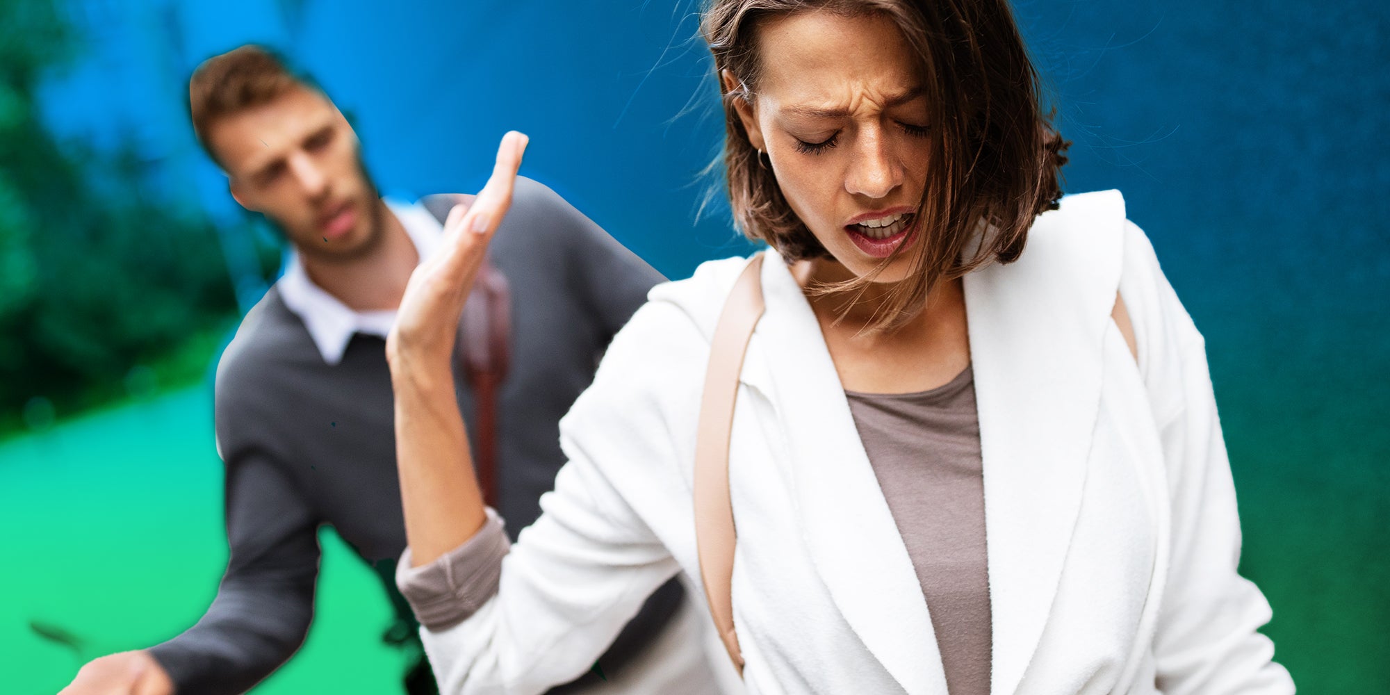 Breakup of couple with man and sad girlfriend outdoor. Divorce, couple, love, pain concept.