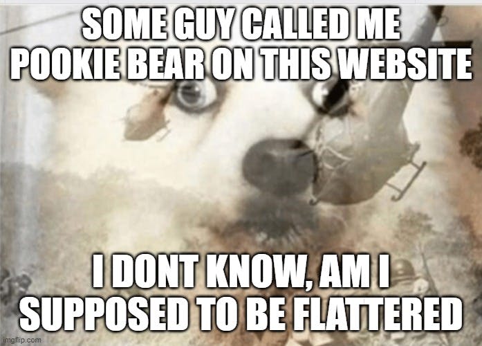 Dog has war flashbacks in meme captioned 'Some guy called me pookie b ear on this wesite. I don't know, am I supposed to be flattered?'