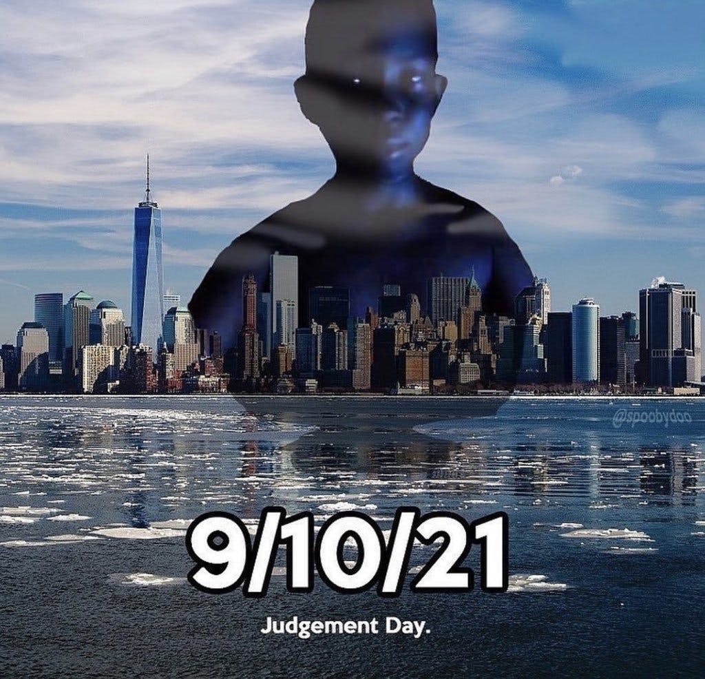 21 kids imposed over the New York City skyline with '9/10/21 judgment day' written underneath.