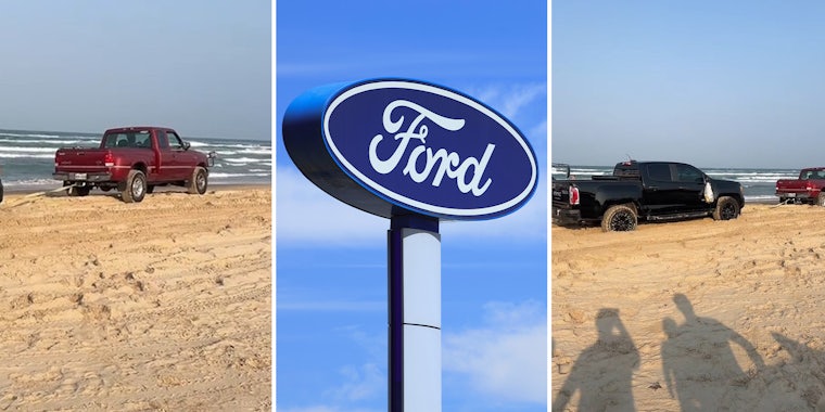 Old-school Ford Ranger tows massive new truck when it gets stuck on beach