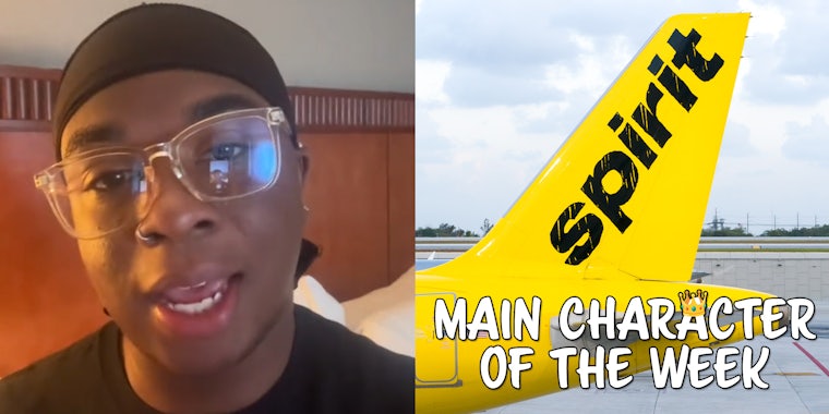 A person speaking to the camera next to a tail of a Spirit Airlines flight. There is text that says 'Main Character of the Week' in a Daily Dot newsletter web_crawlr font.