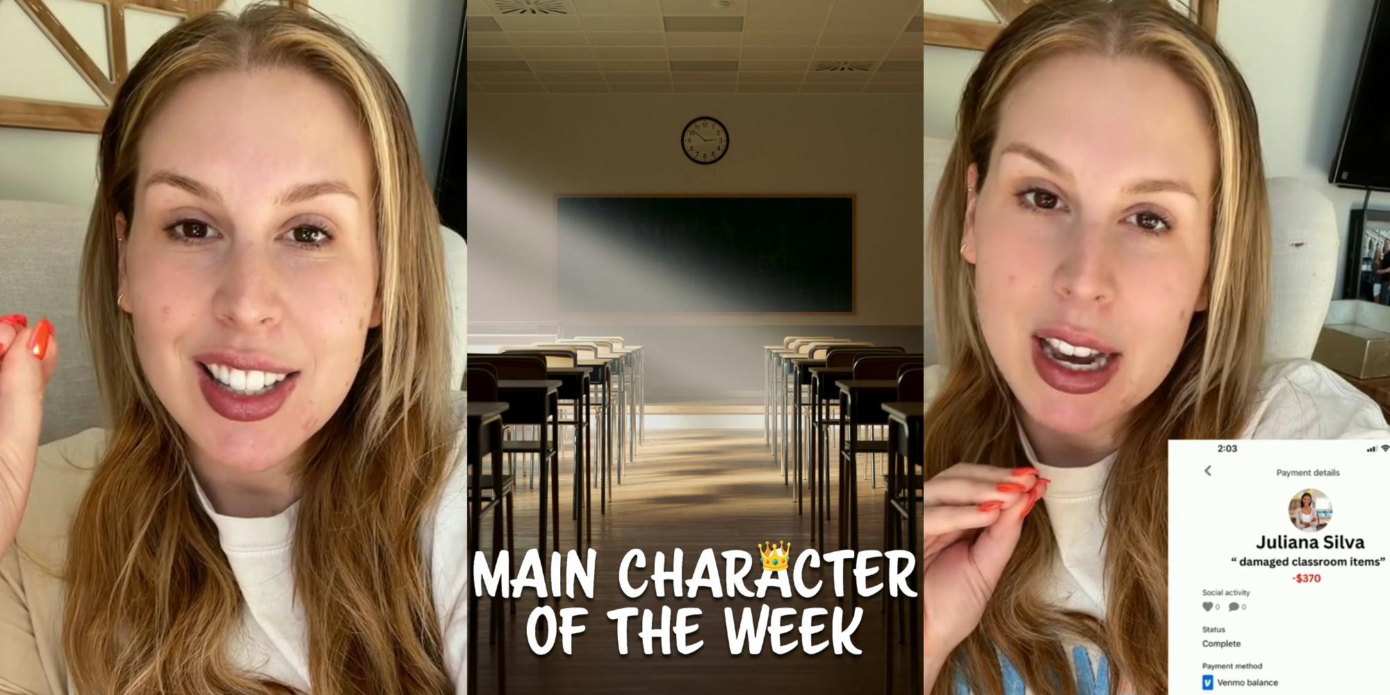 A woman speaking to the camera. In the middle is a classroom. There is text at the bottom that says 'Main Character of the Week' in a Daily Dot newsletter web_crawlr font.