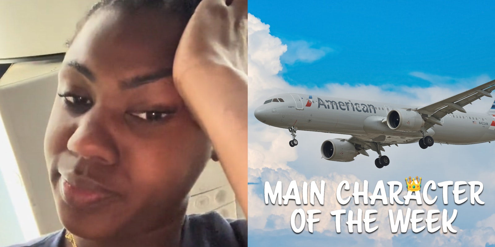 A person looking at the camera next to an American Airlines flight. There is text that says main character of the week in a Daily Dot newsletter web_crawlr font.