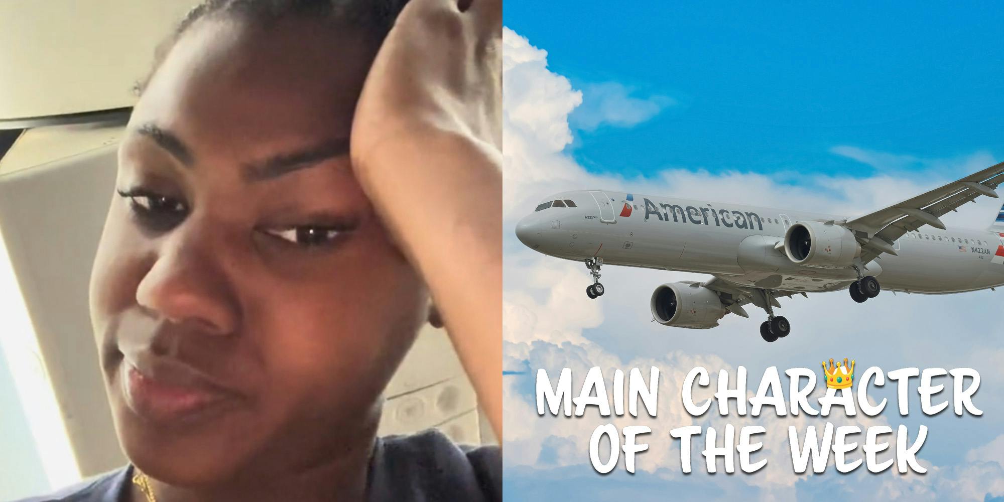 A person looking at the camera next to an American Airlines flight. There is text that says main character of the week in a Daily Dot newsletter web_crawlr font.