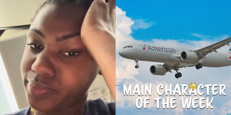 A person looking at the camera next to an American Airlines flight. There is text that says main character of the week in a Daily Dot newsletter web_crawlr font.