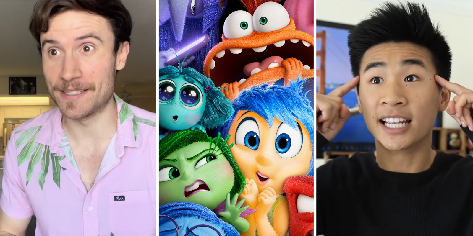 inside out 3 new emotions: Man 1 talking(l), Inside out 2 poster(c), Man 2 talking(r)