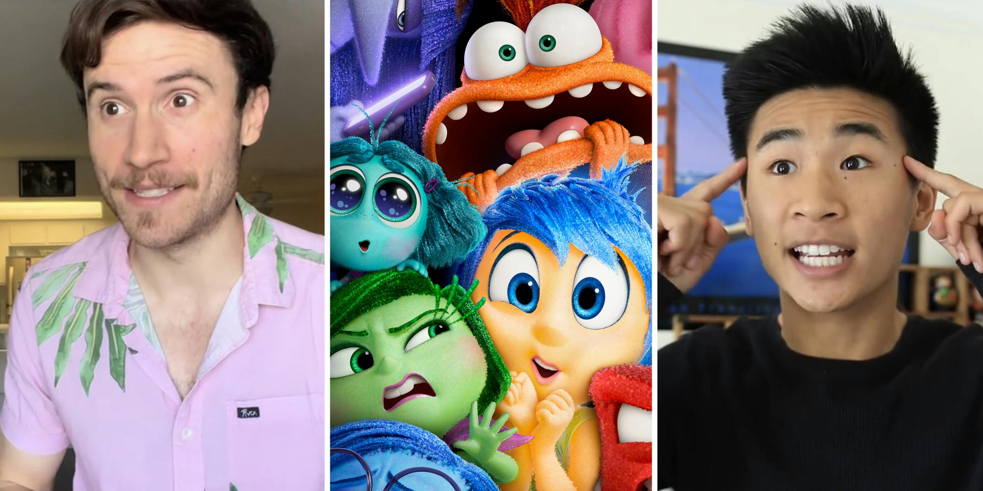 inside out 3 new emotions: Man 1 talking(l), Inside out 2 poster(c), Man 2 talking(r)