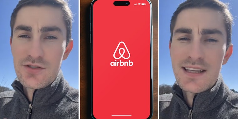 Man talking(L+r), Phone with airbnb app(c)
