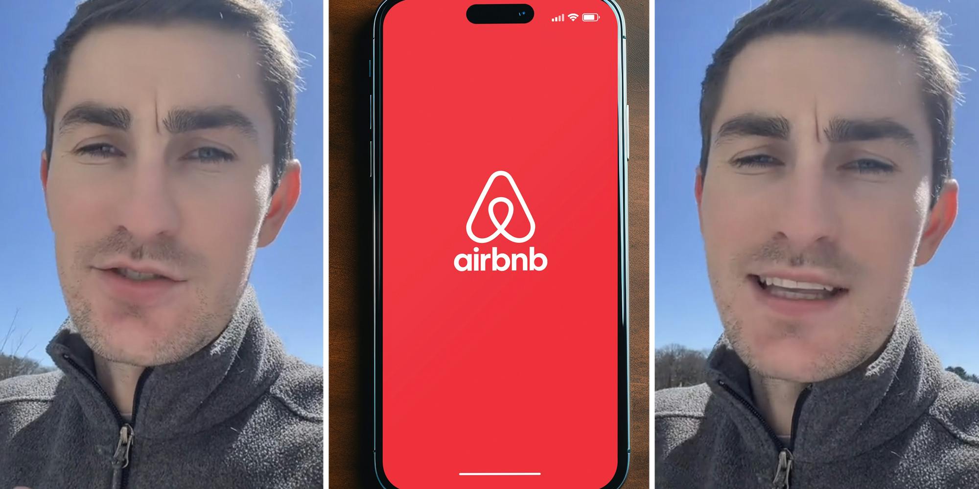 Man talking(L+r), Phone with airbnb app(c)
