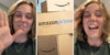 Woman talking(l+r), Amazon packages(c)