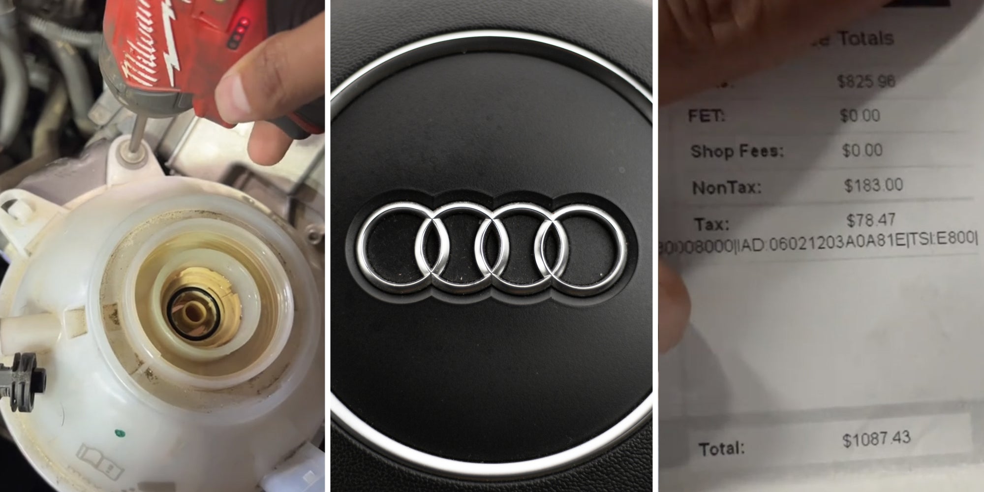 Car engine(l), Audi steering wheel(c), Reciept(r)