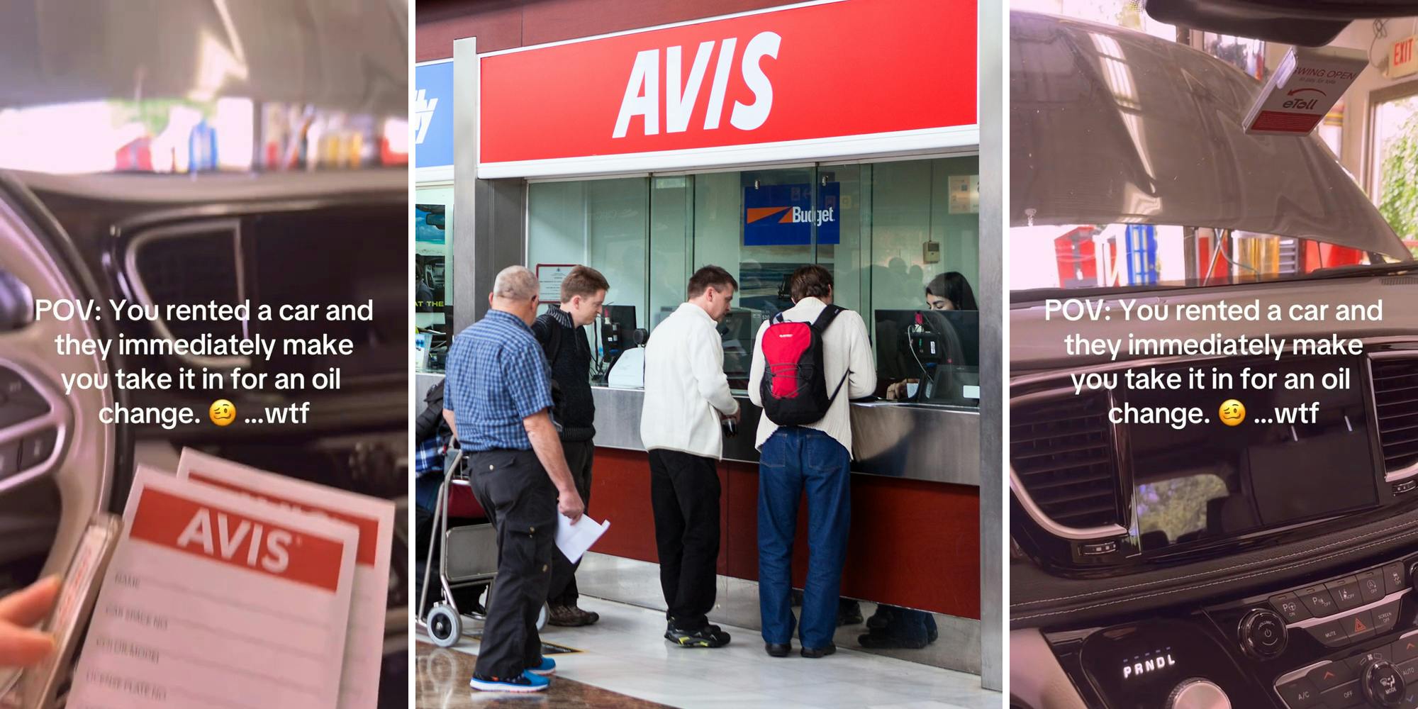 car with hood up in garage, caption 'POV: You rented a car and they immediately make you take it in for an oil change. wtf' (l&r) People in line at Avis counter (c)