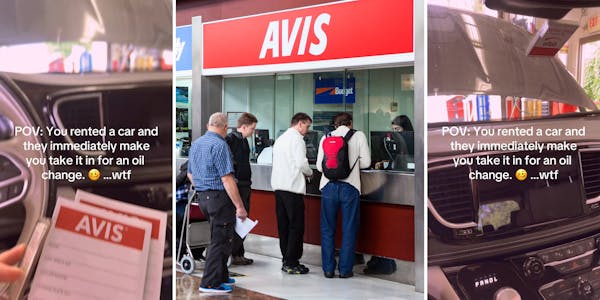 car with hood up in garage, caption "POV: You rented a car and they immediately make you take it in for an oil change. wtf" (l&r) People in line at Avis counter (c)