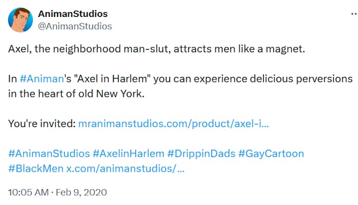 Axel in Harlem is a cartoon by Animan Studios featuring a gay Black man who became a Tumblr meme in 2016 with his swagger. 