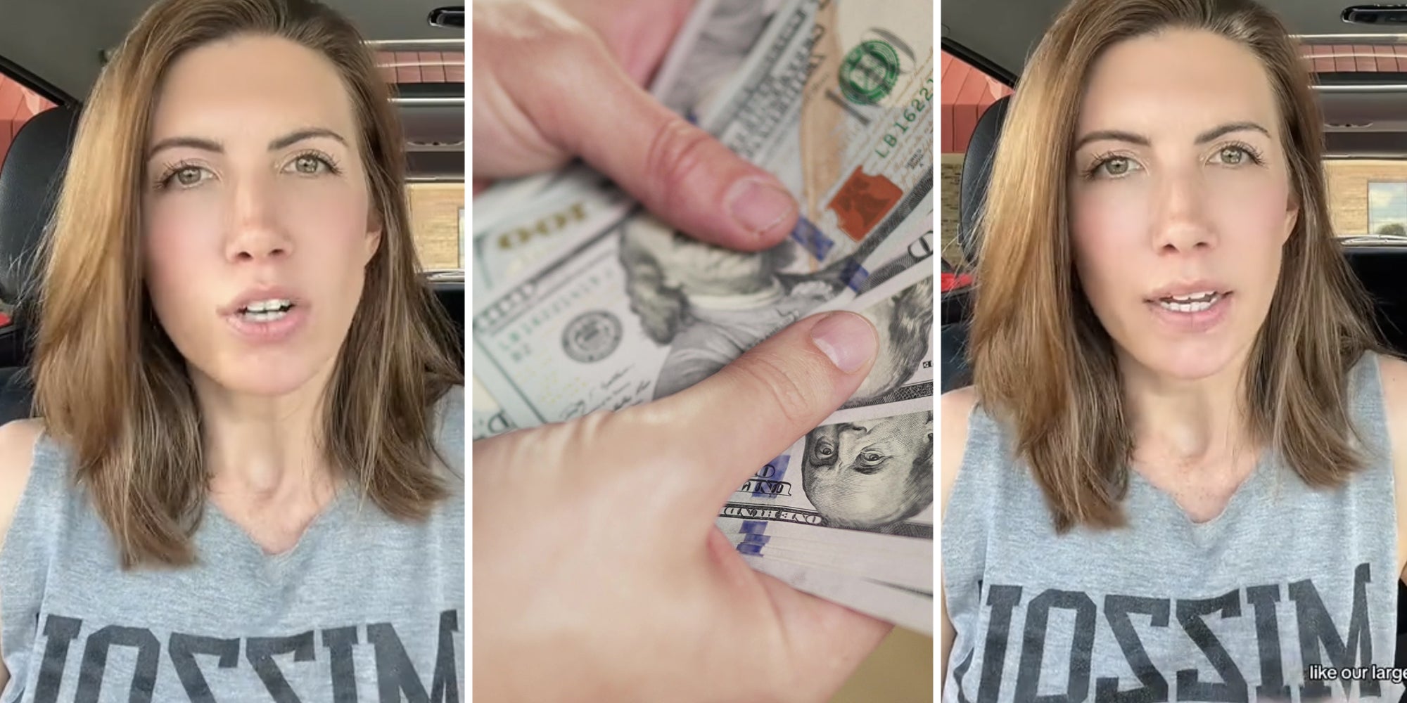 Woman talking(l+r), Hands holding money(c)