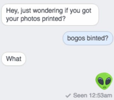 text exchange where one person asks 'Hey, just wondering i fyou got your photos printed?' to which the other replies, 'bogo binted?' and following with an alien emoji