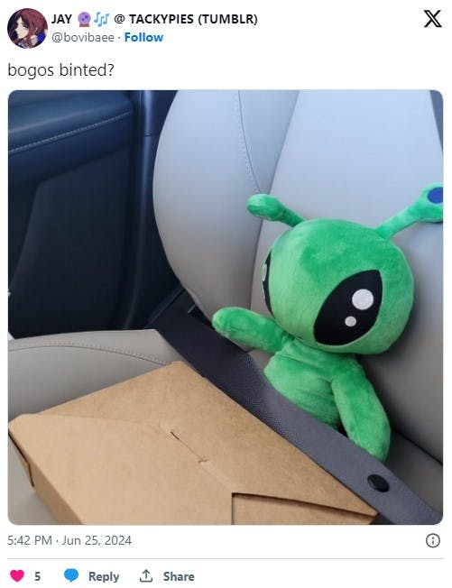 bogos binted meme with plush alien stuffed animal in car
