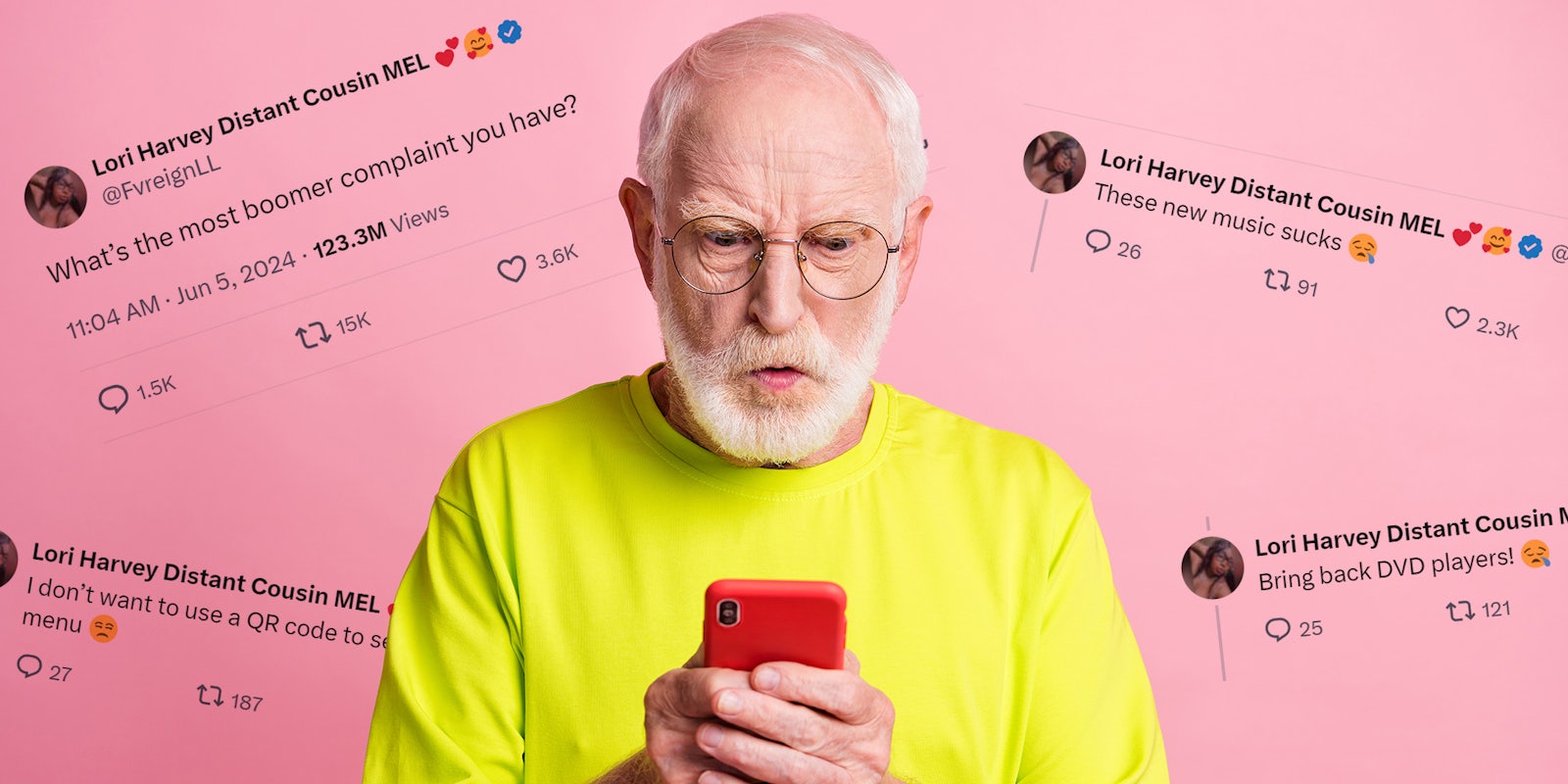 man holding phone with tweets in background
