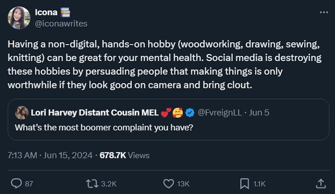 Twitter user sharing their "boomer complaint," which reads "Having a non-digital, hands-on hobby (woodworking, drawing, sewing, knitting) can be great for your mental health. Social media is destroying these hobbies by persuading people that making things is only worthwhile if they look good on camera and bring clout"