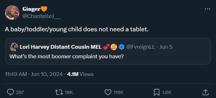 boomer complaint tweet that reads 'A baby/toddler/young child does not need a tablet.'