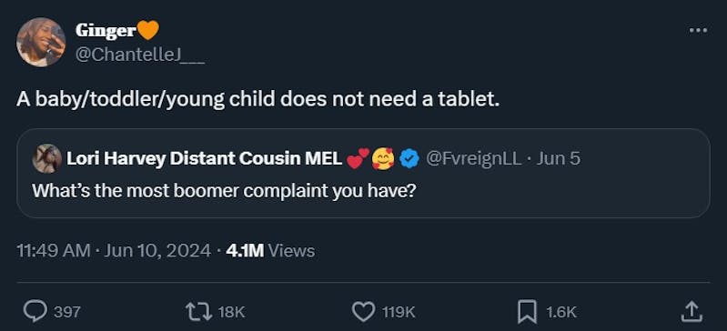boomer complaint tweet that reads "A baby/toddler/young child does not need a tablet."