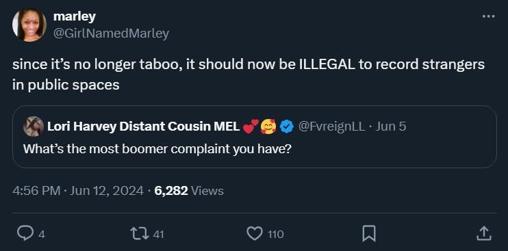 boomer complaint tweet reading 'since it’s no longer taboo, it should now be ILLEGAL to record strangers in public spaces'