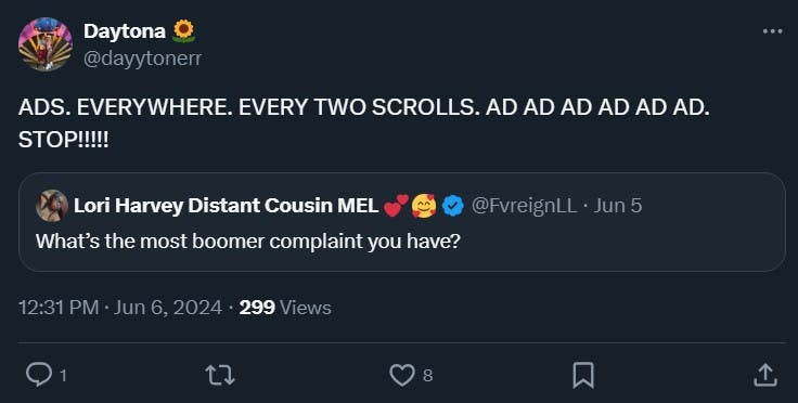 boomer complaint tweet that reads 'ADS. EVERYWHERE. EVERY TWO SCROLLS. AD AD AD AD AD AD. STOP!!!!!'