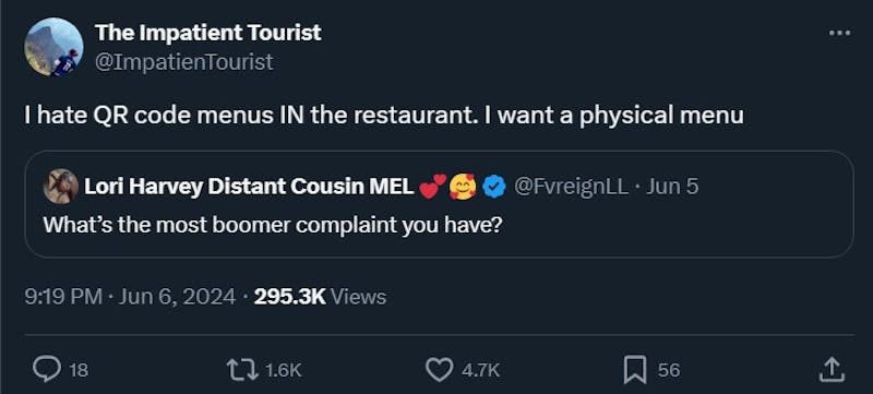 boomer complaint tweet reading "I hate QR code menus IN the restaurant. I want a physical menu"