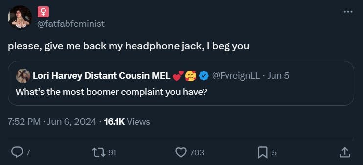 boomer complaint tweet reading 'please, give me back my headphone jack, I beg you'