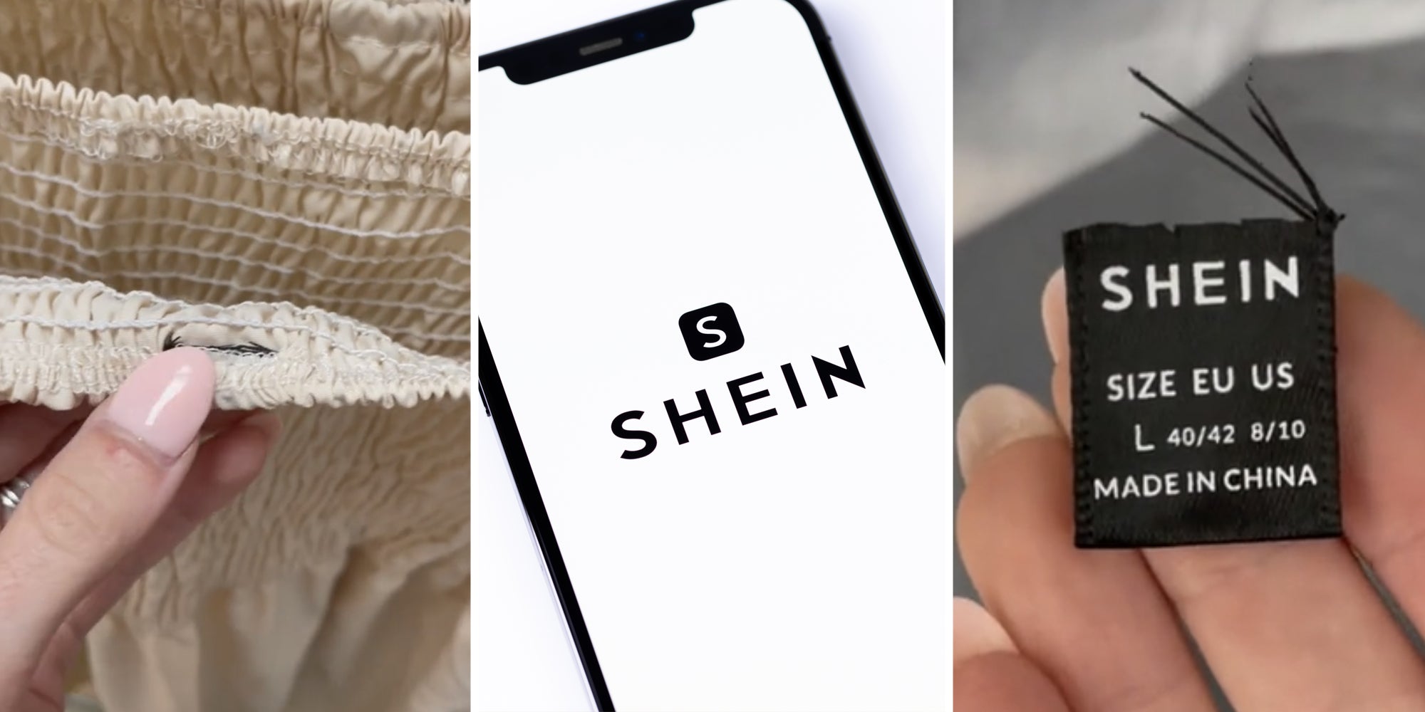 Hand showing dress with no tag(l), Shein app on phone(c), Shein tag(r)