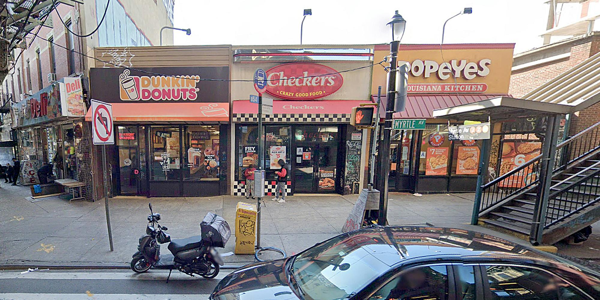 broadway myrtle station, Dunkin Donuts, Checkers, and Popeyes