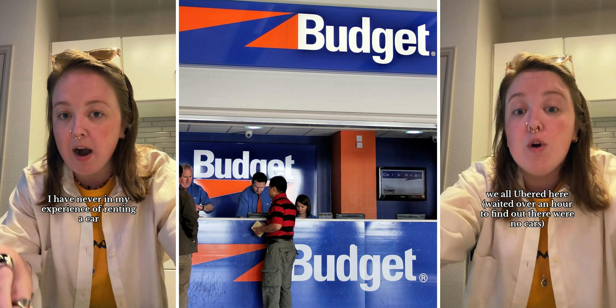 woman with caption 'I have never in my experience of renting a car' (l) people at Budget rental counter (c) woman with caption 'we all Ubered here (waited over an hour to find out there were no cars)' (r)