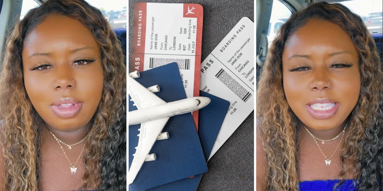Woman talking(l+r), Airplane tickets(c)