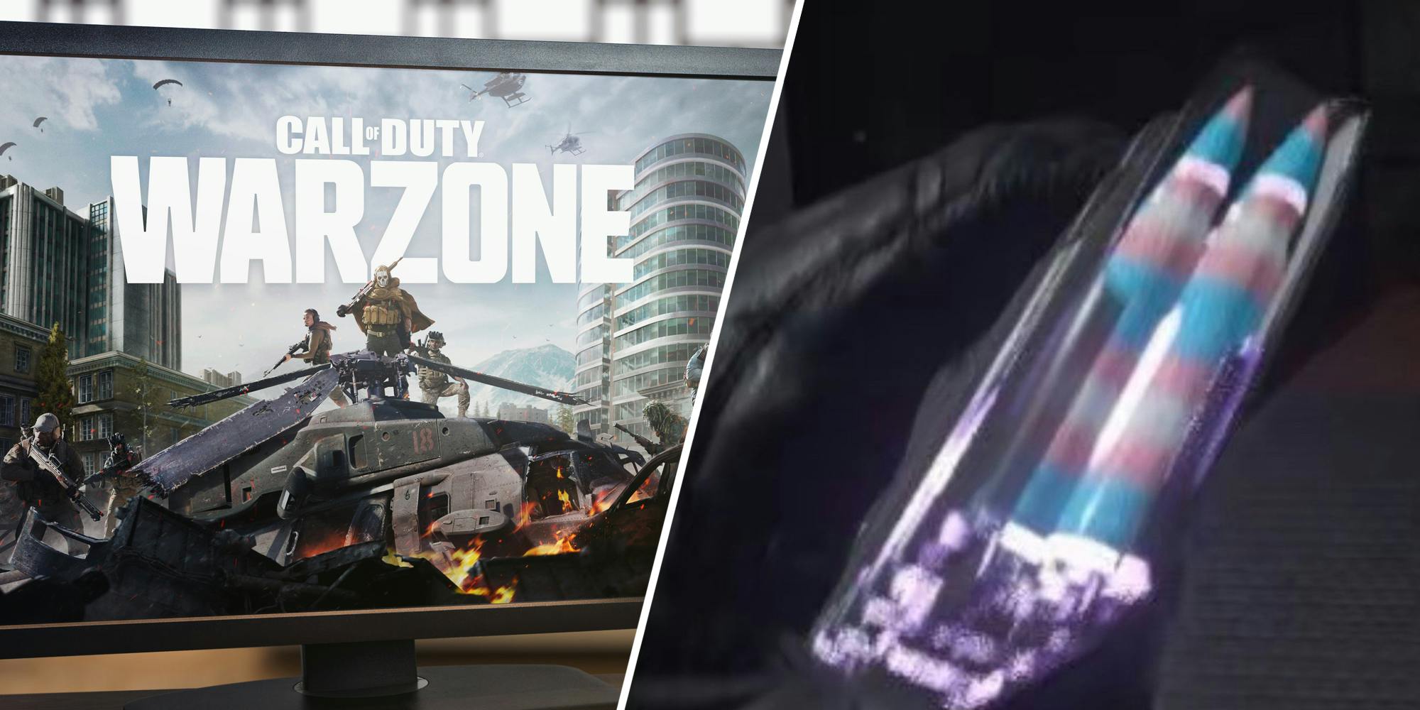 Call of Duty on tv screen(l), Screengrab of trans pride bullets(r)