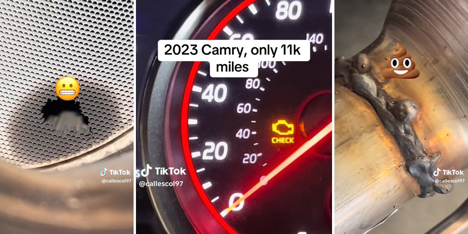 grimace emoji over broken section of car part (l) check engine light with caption '2023 Camry, only 11k miles' (c) poop emoji over sloppy weld work (r)
