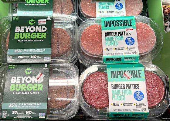 Alameda, CA - Feb 22, 2024: Grocery store refrigerator section with Beyond and Impossible Burger brand plant based patties. Plant based proteins can be as healthy as animal based proteins.
