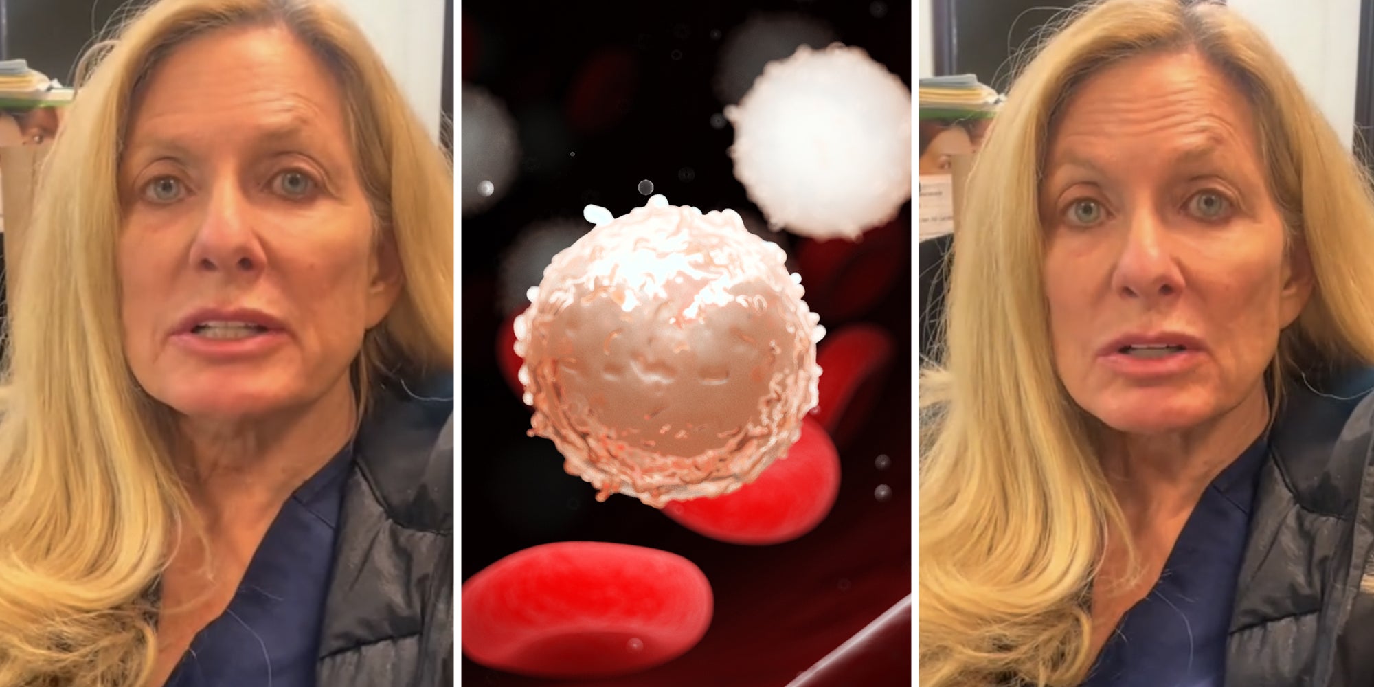 Woman talking(l+r), 3d rendered medically accurate illustration of too many white blood cells due to leukemia(c)