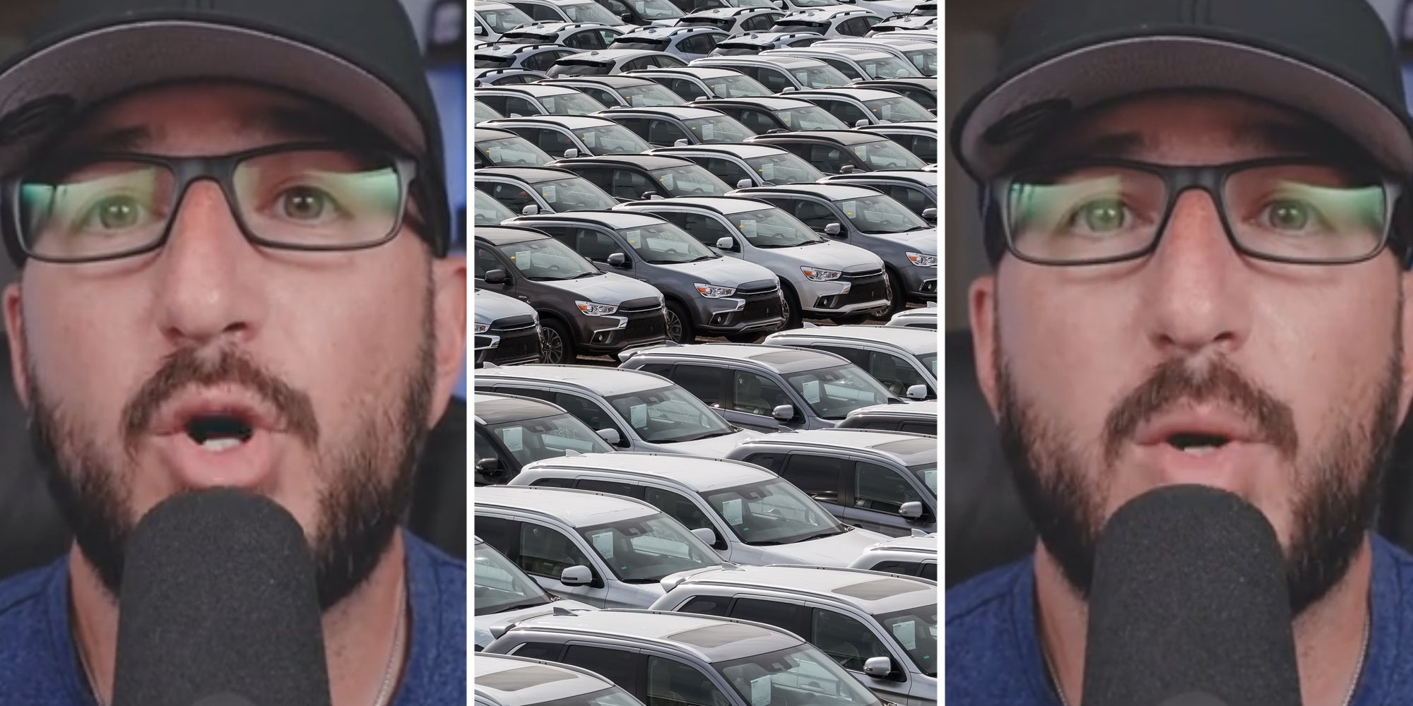 Man talking(l+r), Car dealership(c)